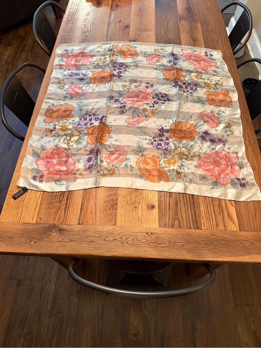Vintage BASHA Floral Silk Square Scarf in Cream with Pink & Orange Blooms